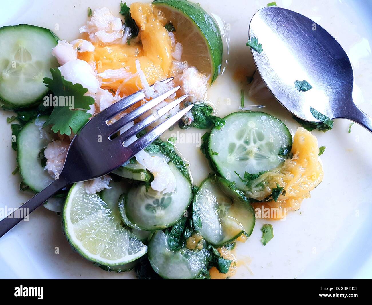 Salade de citron vert au crabe, mangue et concombre avec coriandre fraîche sur une assiette blanche Banque D'Images