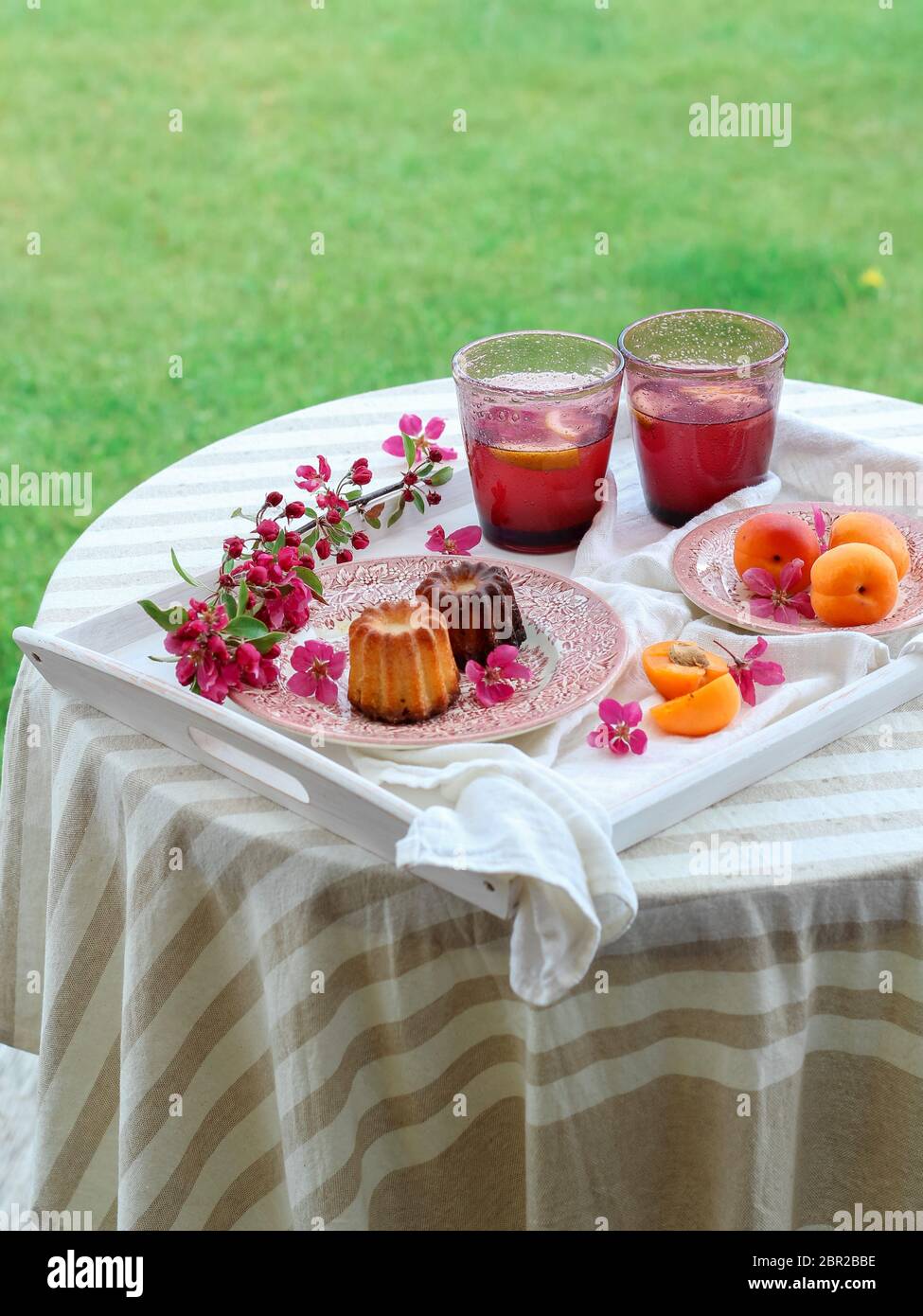 Dégustez quelques friandises et boissons dans le jardin. Table de printemps colorée avec fleurs roses de crabe pomme. Banque D'Images