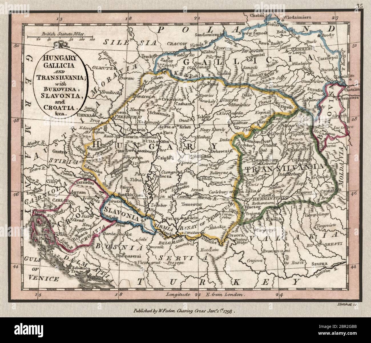 'Hongrie Gallicia et Transilvania, avec Bukovina, Slavonie et Croatie.' La carte montre les divisions géographiques vers 1798, il s'agit d'une reproduction de carte historique magnifiquement détaillée. Original d'un Atlas britannique publié par le célèbre cartographe William Faden. Banque D'Images