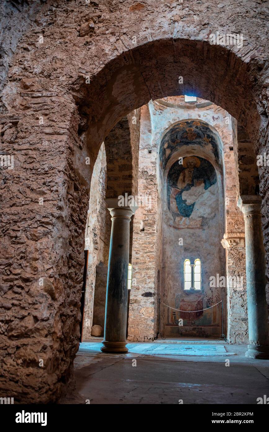 Dans l'église Sainte-Sophie, médiévale 'byzantin de Mystras' de Castletown, près de la ville de Sparte, Laconie, Péloponnèse. Banque D'Images