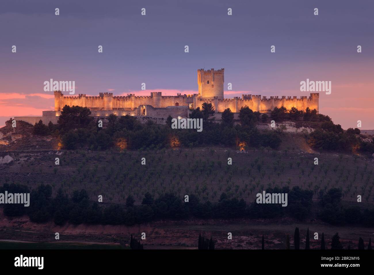 Castillo de Peñafiel, dans la province de Valladolid, illuminé au coucher du soleil. Vue de loin. Lumière dorée Banque D'Images