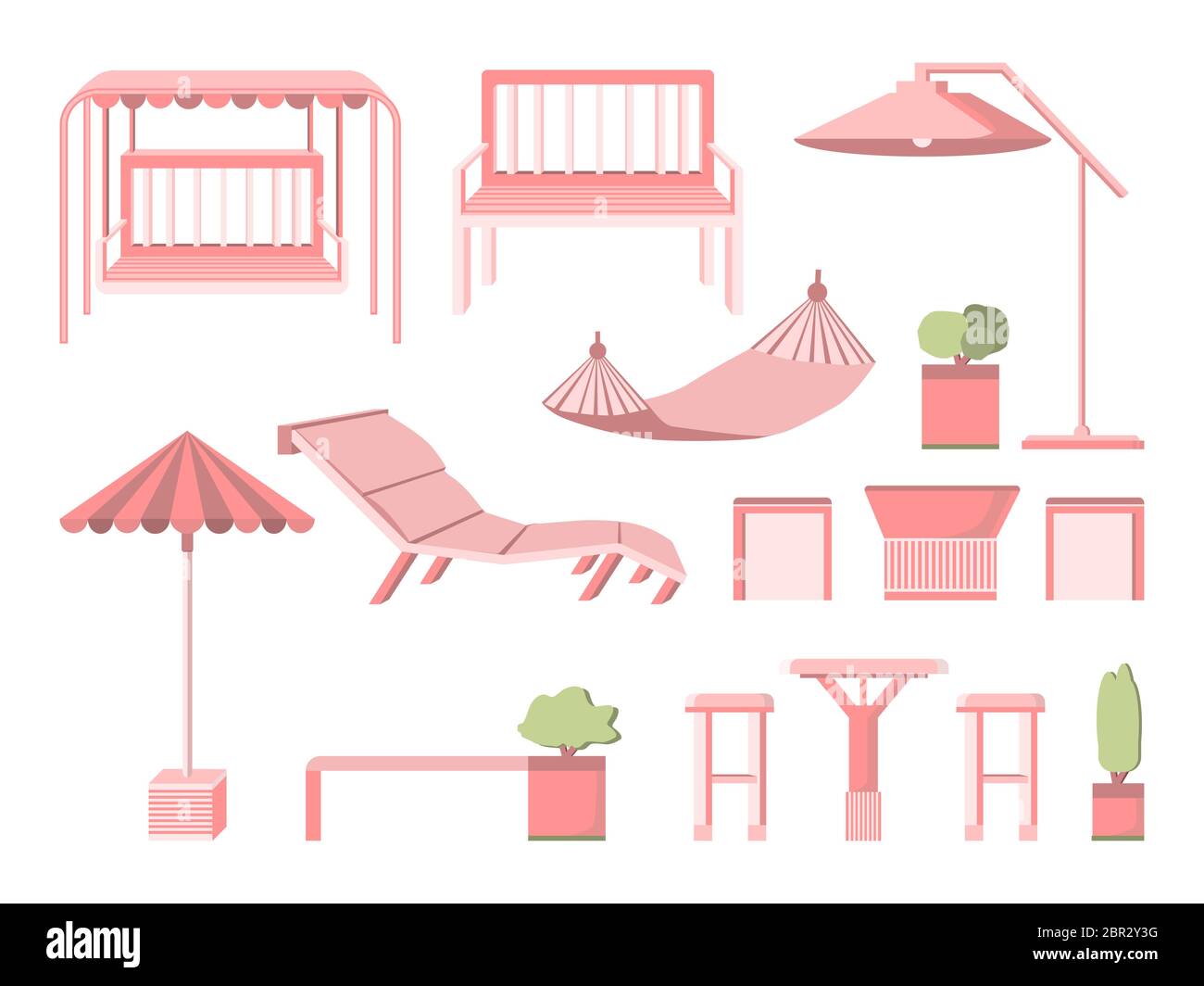 Mobilier de jardin et terrasse de style plat isolé sur fond blanc. Banc, chaise longue, balançoire, chaise longue, parasol, table à thé, arbres. COU Illustration de Vecteur