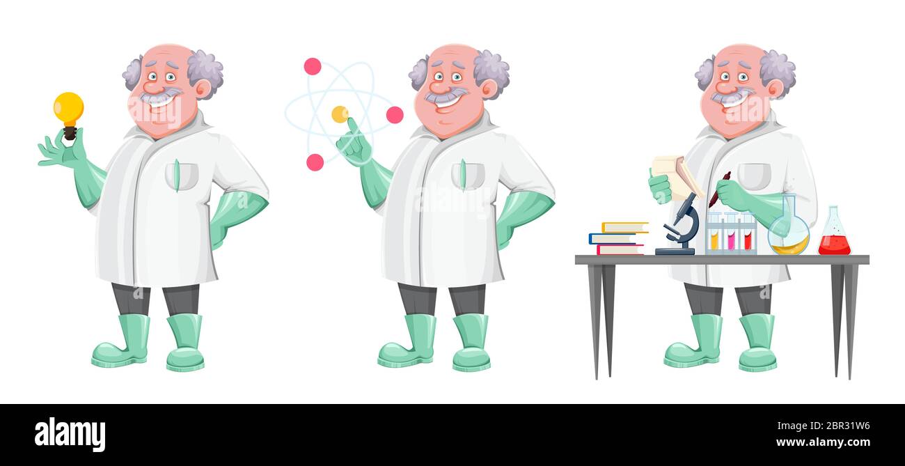 Beau personnage de dessin animé de professeur, ensemble de trois poses. Utilisable aussi comme scientifique, chimiste, assistant de laboratoire, inventeur, enseignant, etc. Vector illus Illustration de Vecteur