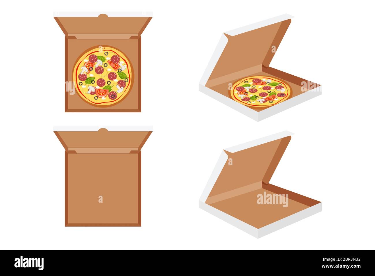 La pizza entière dans la boîte en carton ouverte et fermée. Illustration de Vecteur