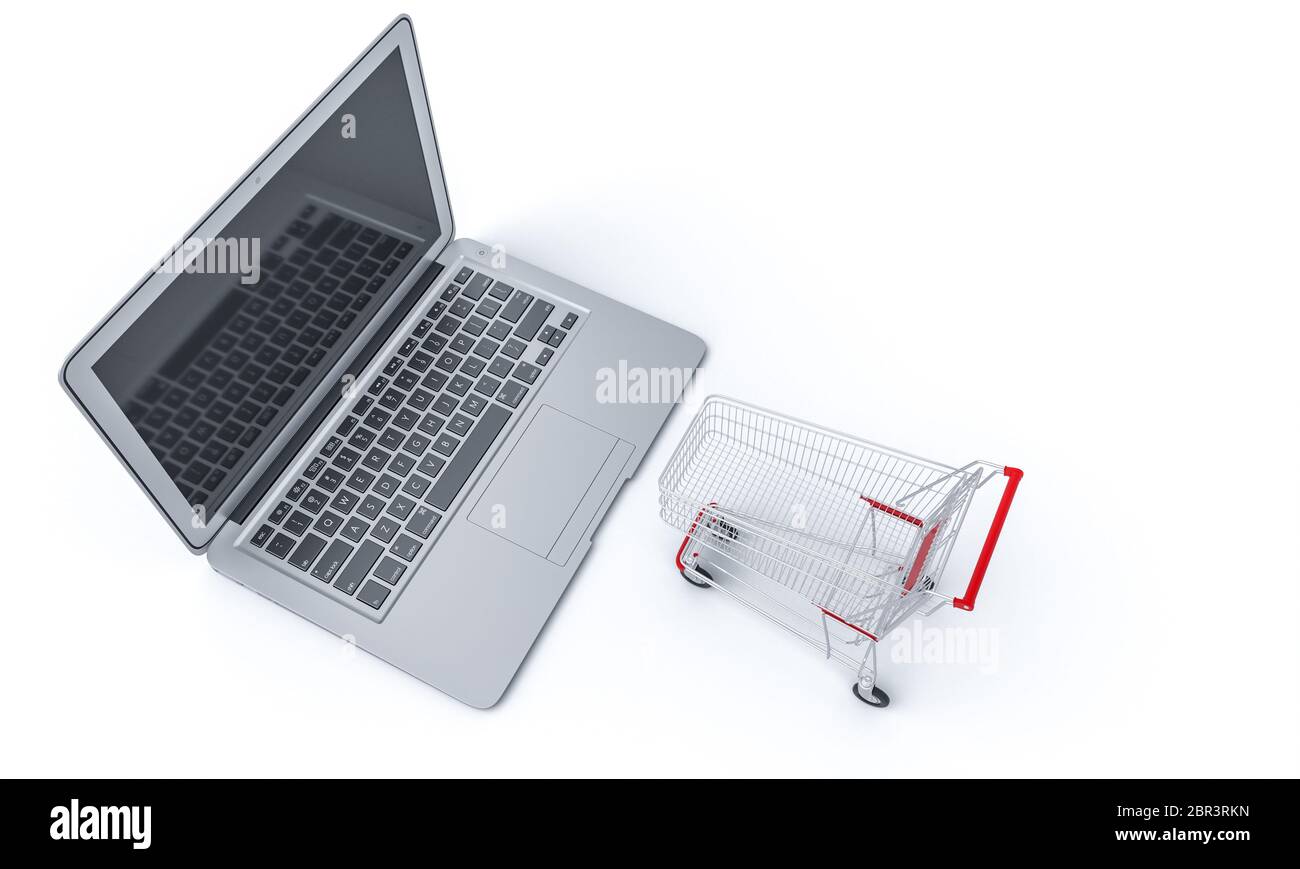 panier sur un clavier d'ordinateur portable. concept d'achat en ligne. rendu 3d. personne autour. Banque D'Images