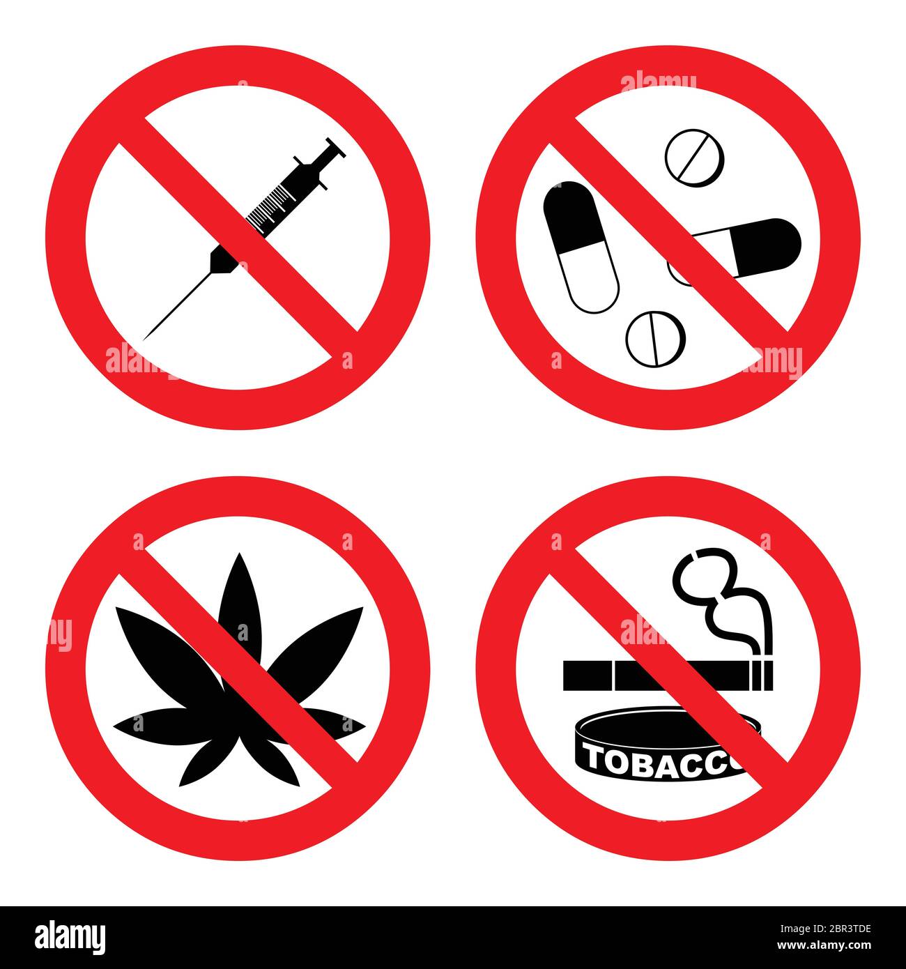 Mettre en place les affiches interdites – médicaments. Illustration vectorielle isolée sur blanc. Collection de 4 icônes. Pas de capsule, de marijuana, de cannabis, de tabac, de cocaïne et d'othe Illustration de Vecteur