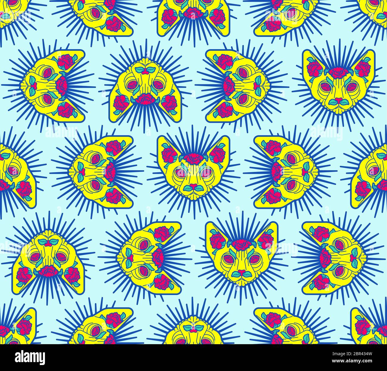 Chat Sphynx sans coutures avec motif fleuri. Fond de tatouage pour animaux et fleurs roses. Texture d'origine animale Illustration de Vecteur