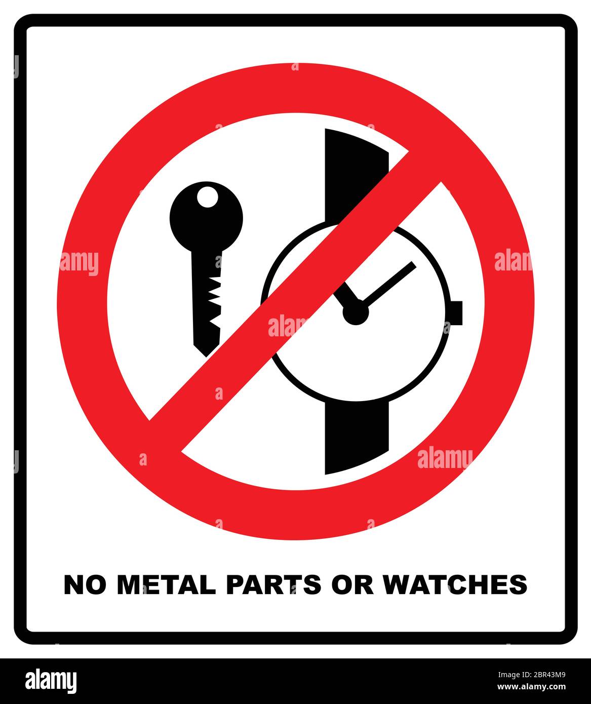 Pas d'articles métalliques ou de montres, pas d'accès pour les personnes ayant des implants métalliques des signes. Vector illustration. Symbole d'avertissement isolated on white Illustration de Vecteur