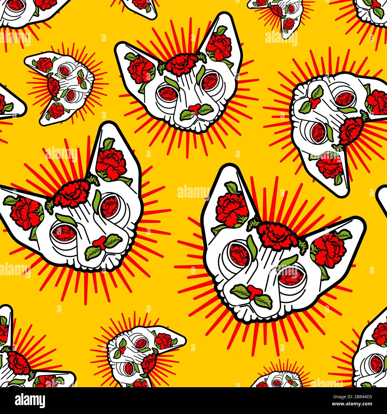 Chat Sphynx sans coutures avec motif fleuri. Fond de tatouage pour animaux et fleurs roses. Texture d'origine animale Illustration de Vecteur