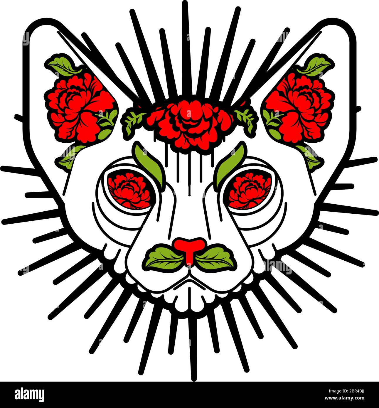 Chat Sphynx avec fleurs. Tatouage animal et fleur rose Illustration de Vecteur