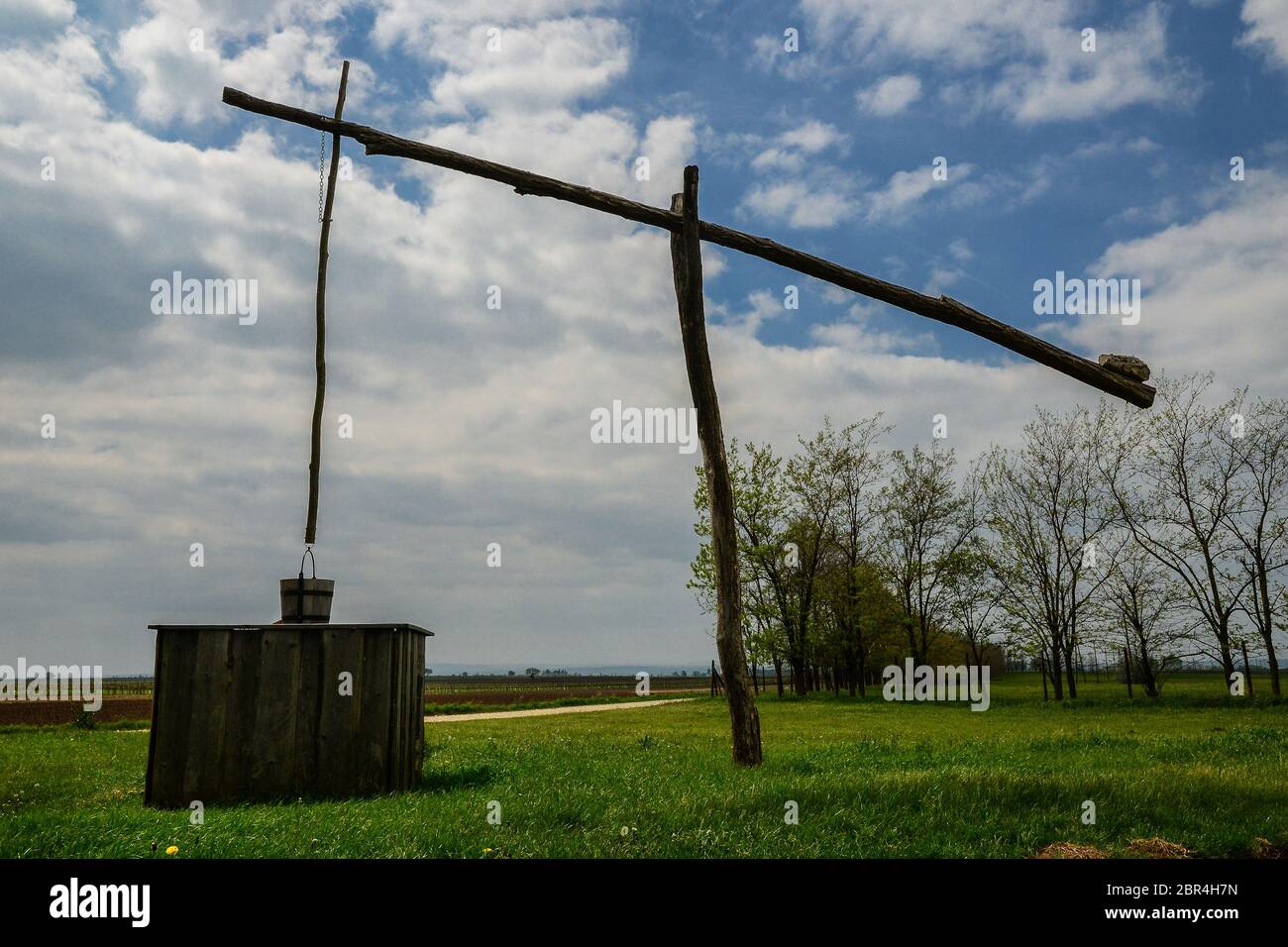 Dessiner bien et roseau cottage dans la chatzta, Parc National du Lac Neusiedl, Burgenland, Autriche Banque D'Images