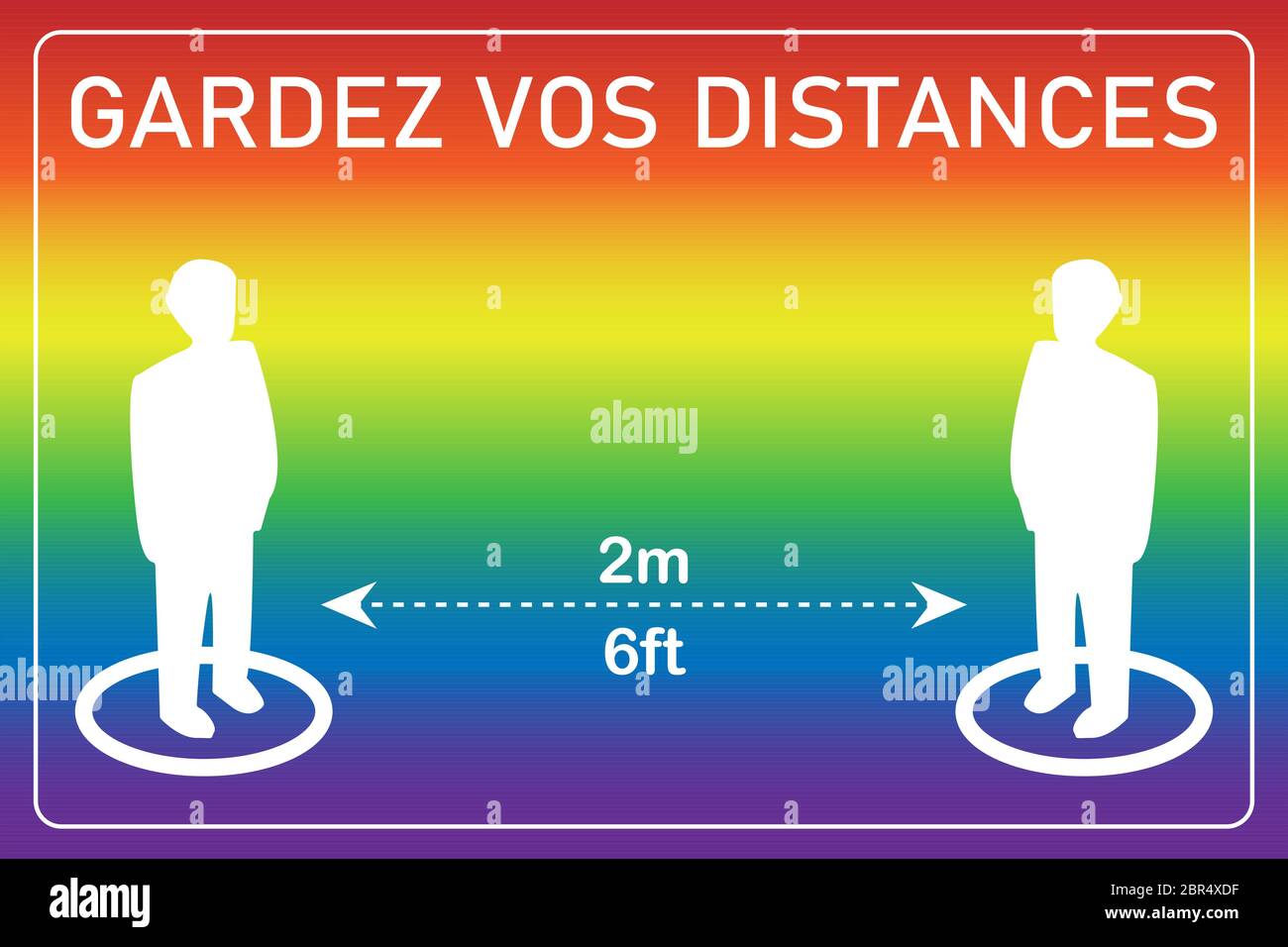 Illustration vectorielle de la distanciation sociale. Gardez votre distance en français (distances Gardez vos). Icônes de localisation de la personne. 2 mètres ou 6 pieds. Icônes blanches Illustration de Vecteur