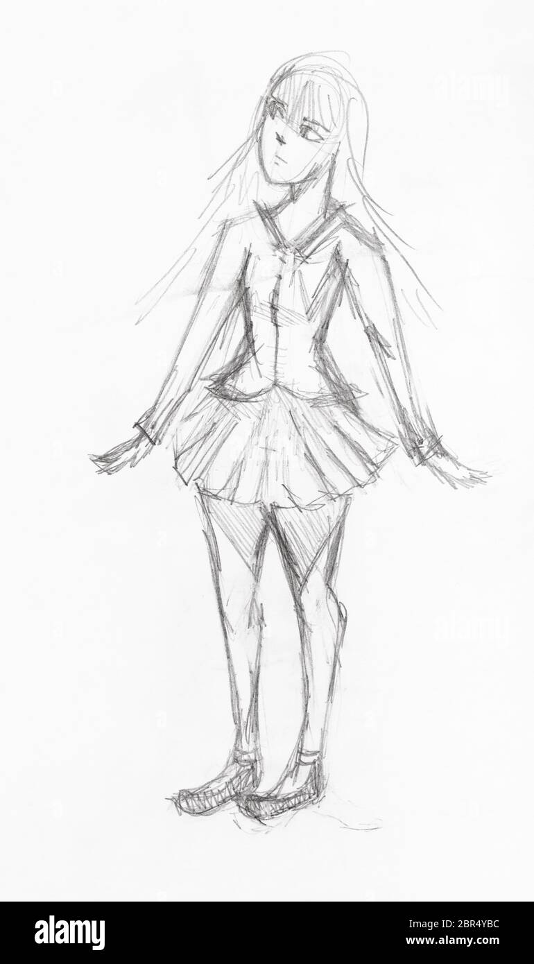Croquis de girl in large jupe courte à la main par crayon noir sur papier blanc Banque D'Images