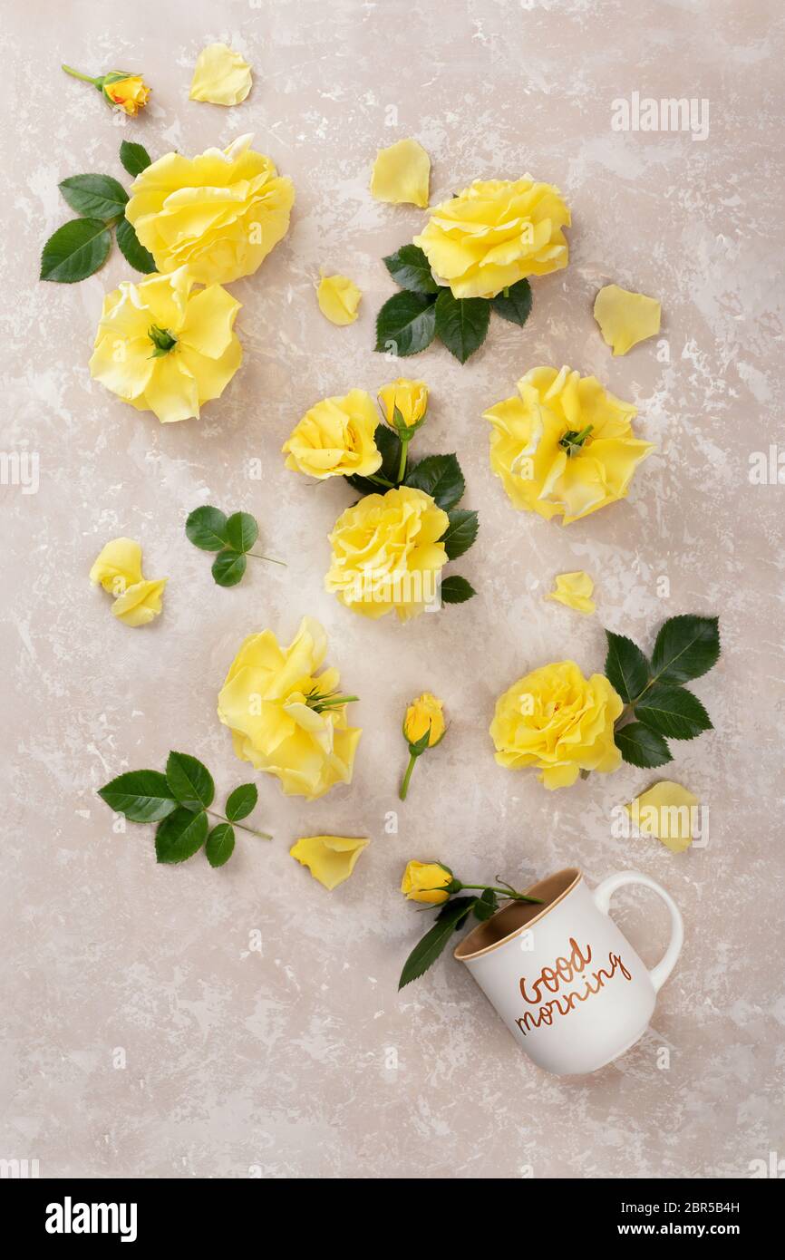 Mise en page créative faite d'une tasse de café avec l'inscription Bonjour et roses et feuilles jaunes sur fond rose. Vue de dessus, Flat lay. Banque D'Images