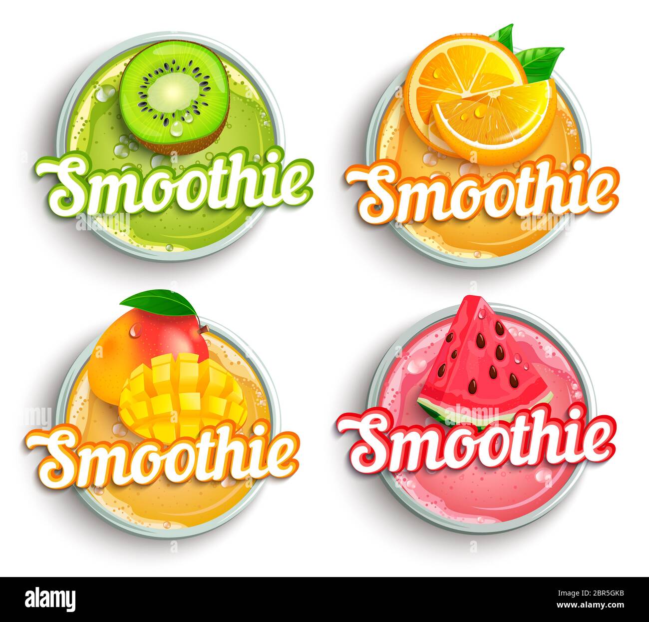 Ensemble de kiwi, orange, mangue, melon d'eau, logo smoothie frais. Boisson saine et juteuse de vitamine pour le régime ou végétalien, boisson maison aux fruits rafraîchissante.Template f Banque D'Images