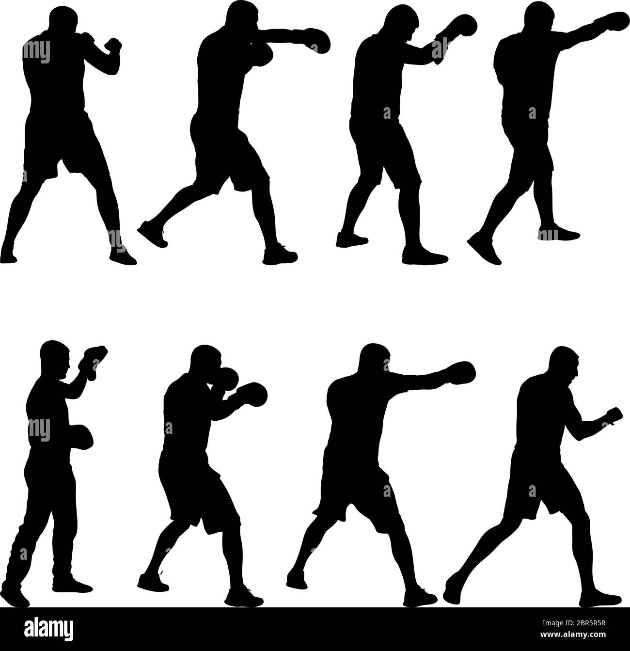 Ensemble Noir silhouette d'un athlète boxer sur un fond blanc. Illustration de Vecteur