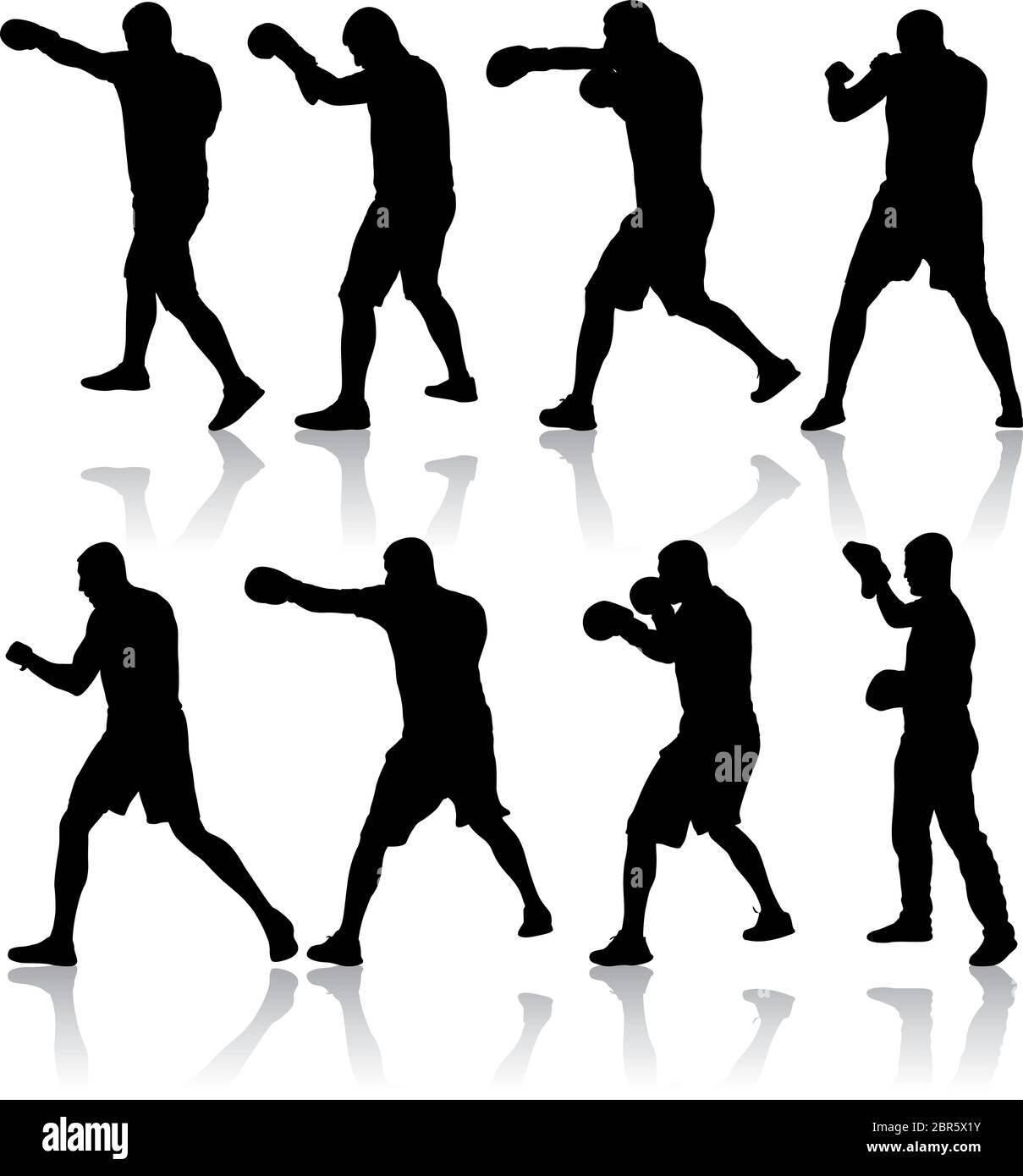 Ensemble Noir silhouette d'un athlète boxer sur un fond blanc. Illustration de Vecteur