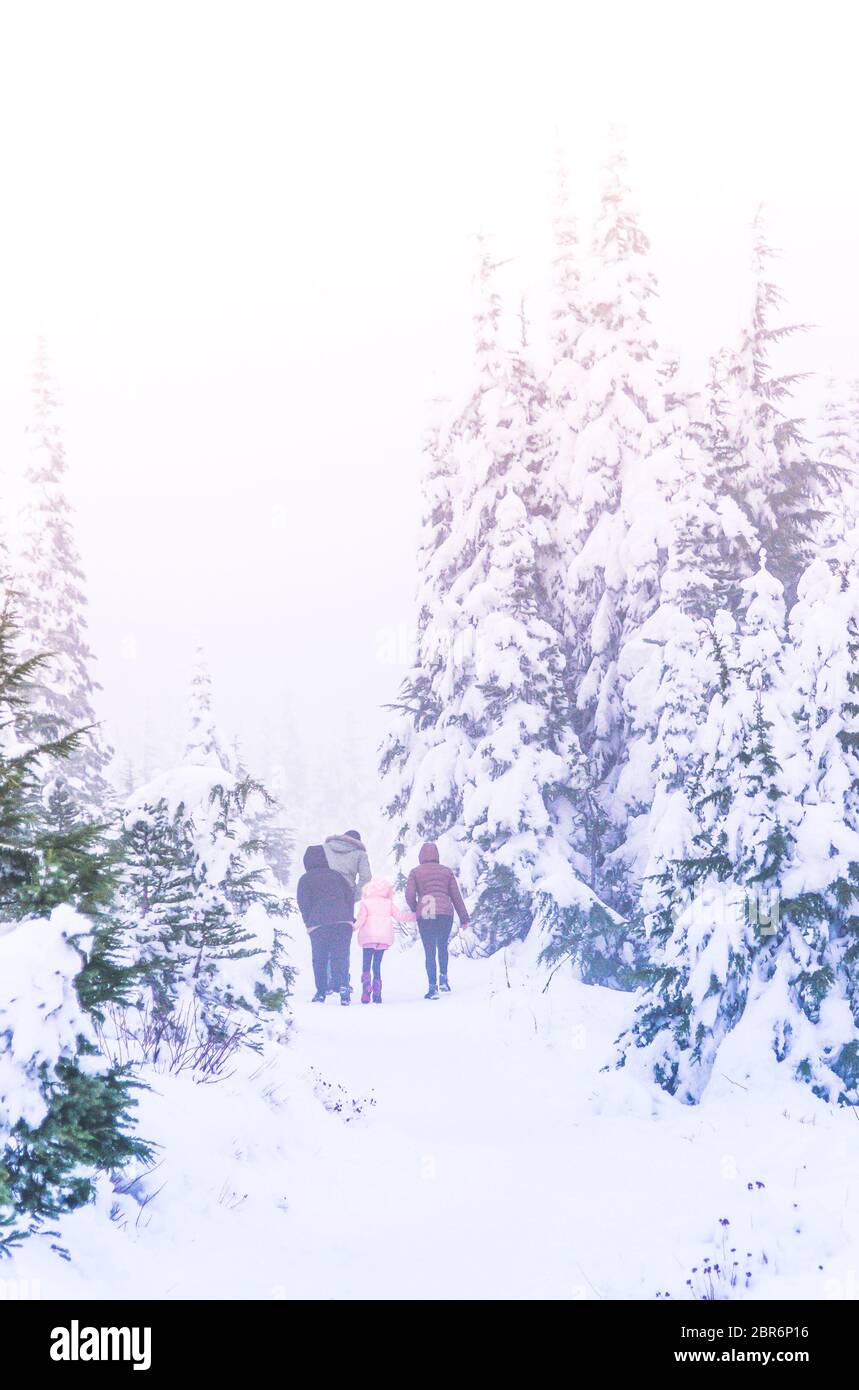 promenade en famille dans la forêt enneigée en vacances. Banque D'Images