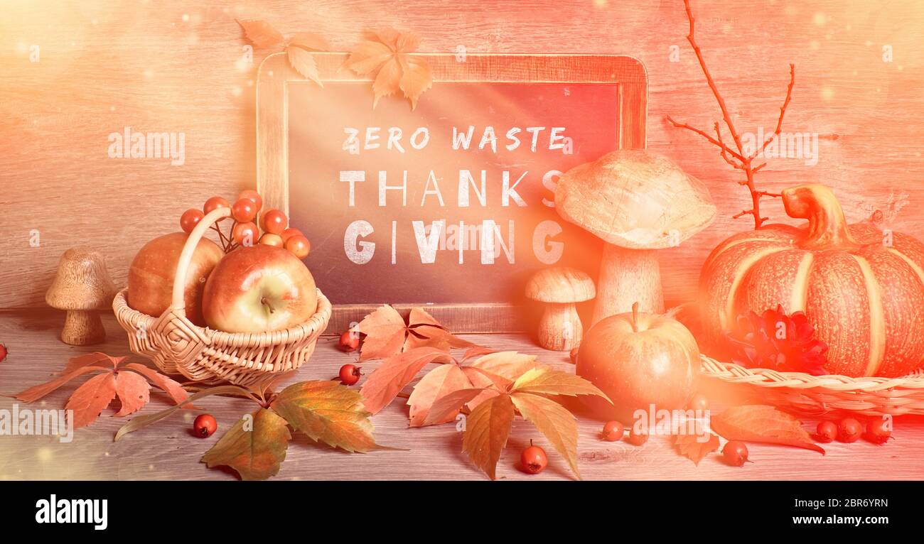 Texte « Zero Waste Thanksgiving » sur tableau noir. Décorations traditionnelles d'automne, image panoramique teintée. Feuilles d'automne, baies, champignons, citrouilles, fleurs Banque D'Images