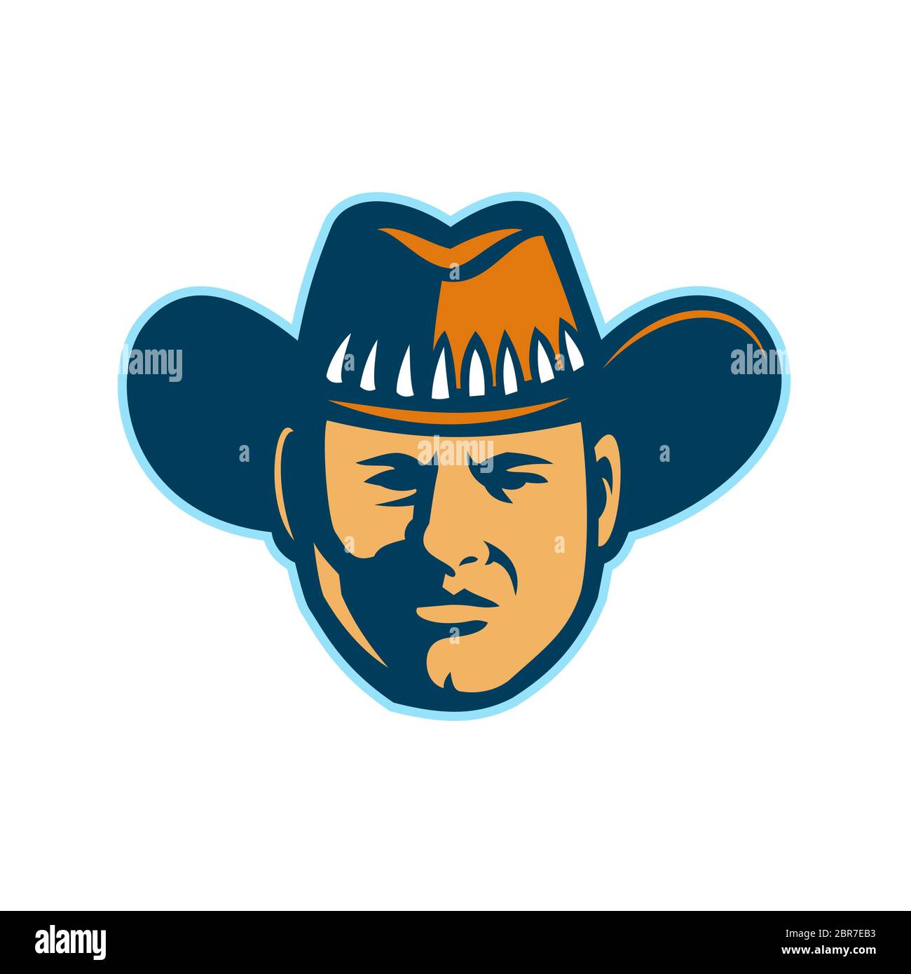L'icône de mascotte illustration de tête d'un ou de l'Australie Aussie stockman, cowboy, jackaroo ou buckaroo wearing hat vu de l'avant sur des backgroun Banque D'Images