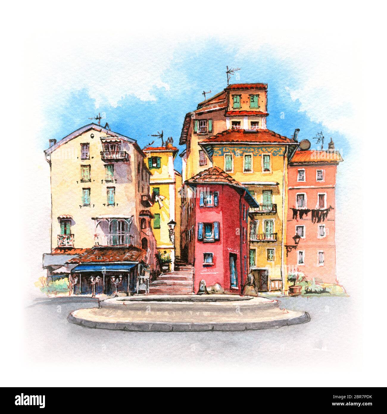Aquarelle de couleur typiques maisons provençales en journée ensoleillée, Menton, Provence, France Banque D'Images
