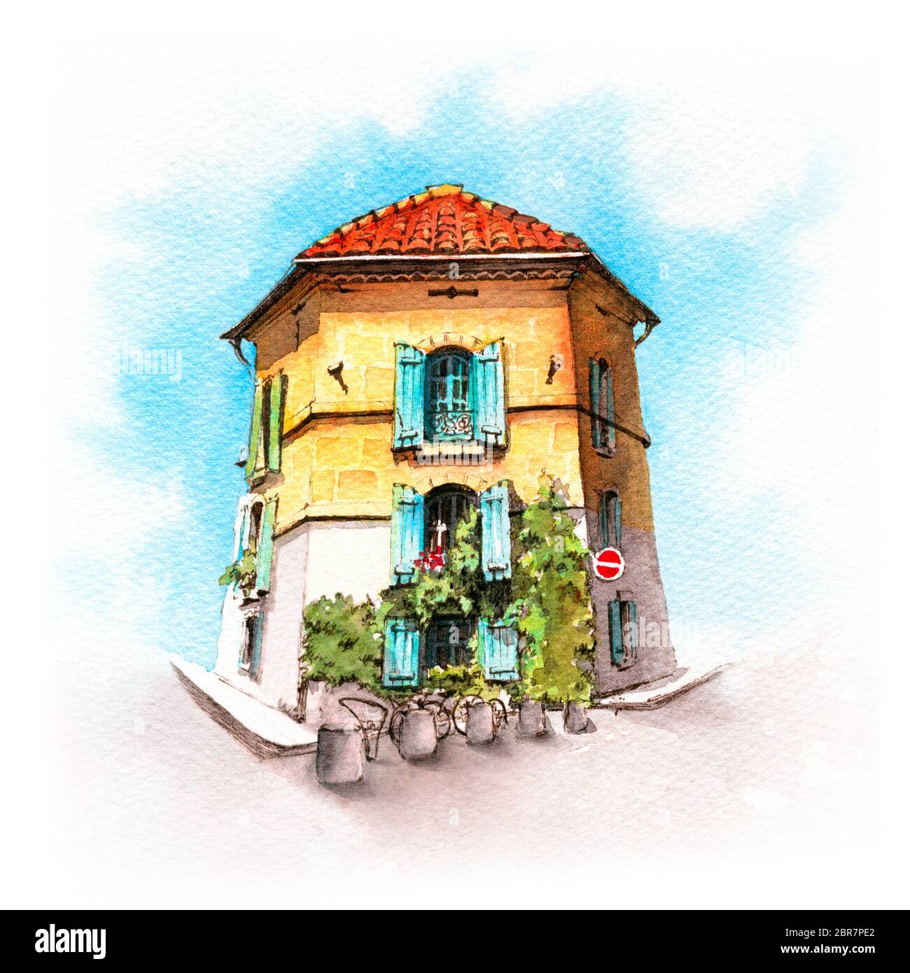 Aquarelle de maison typiquement provençale en journée ensoleillée, Arles, Provence, France Banque D'Images
