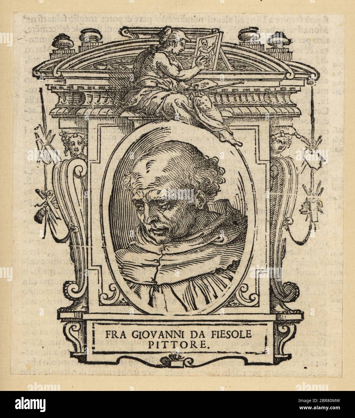 Portrait de FRA Angelico, peintre italien du début de la Renaissance, c. 1395-1455. FRA Giovanni da Fiesole Pittore, Beato Angelico, FRA Giovanni Angelico. Coupe de bois du site de Giorgio Vasari, le site de’ piu eccelcenti pittori, scultori, et Architettori, la vie des plus excellents peintres, sculpteurs et architectes, Florence, 1678. Banque D'Images