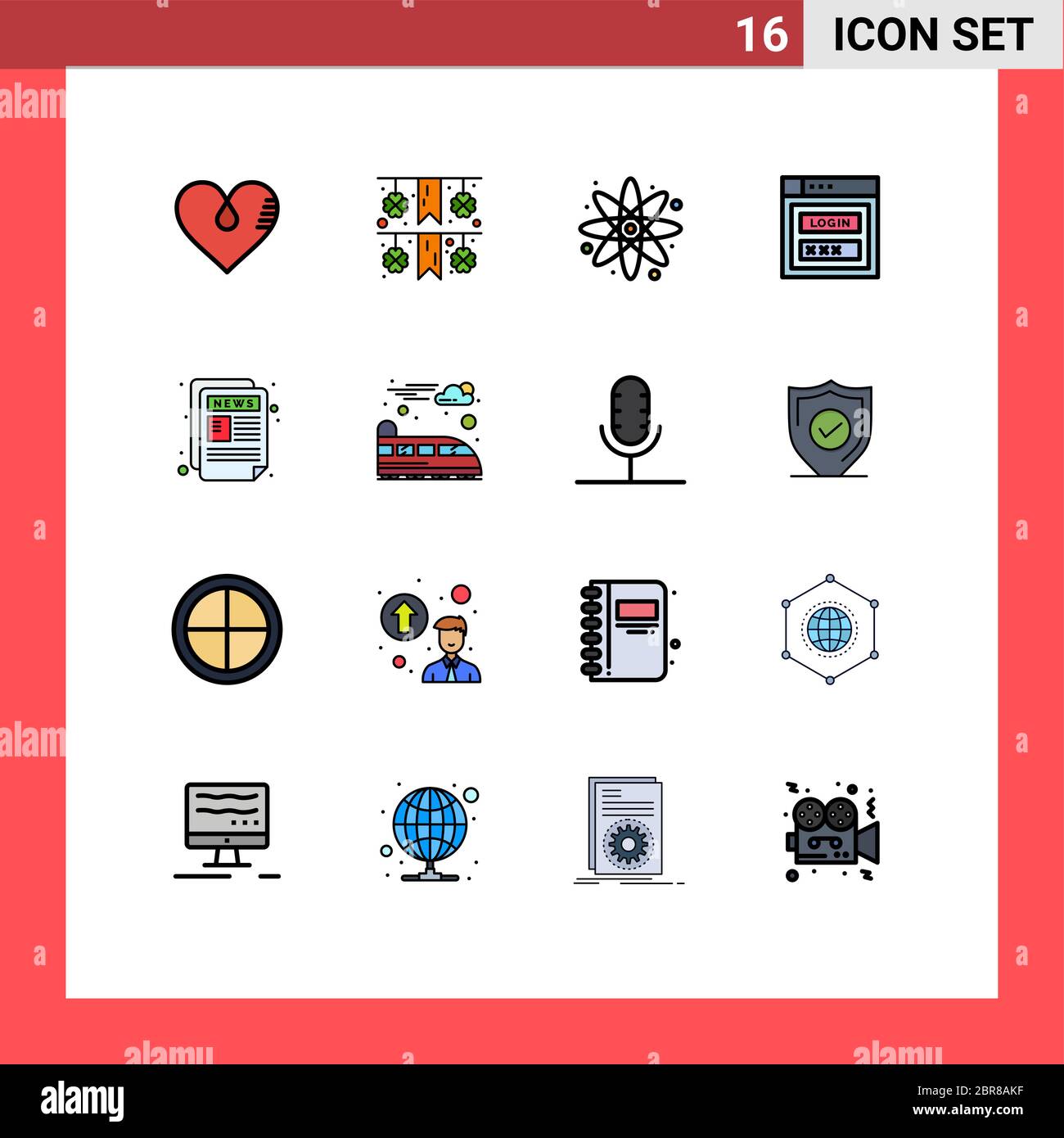 Pack de 16 symboles universels de papier, d'actualités, d'Atom, de sécurité Web, de création de vecteur modifiable par mot de passe Illustration de Vecteur