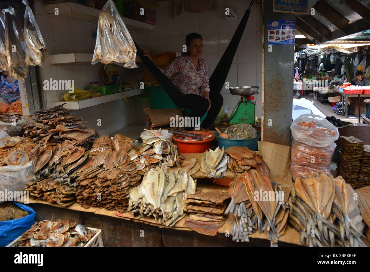 Une myriade de produits, dont du poisson et des canards vivants, du poisson séché et des fruits et légumes frais, est en vente au marché humide de Kampot, au Cambodge. Banque D'Images