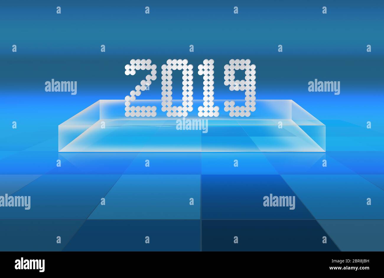 3ème étage avec case transparent sur les surfaces avec grille 2019 texte sur elle, high-tech et moderne l'espace 3D. Banque D'Images