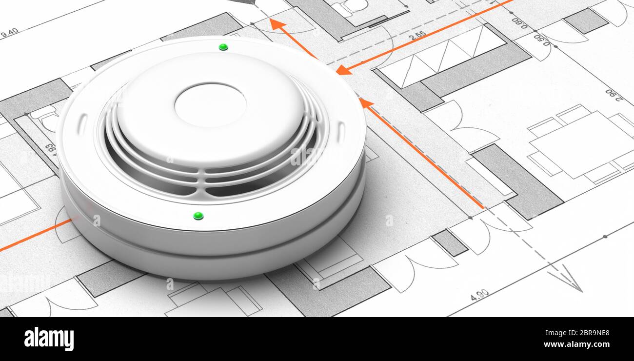 Système de sécurité incendie, plan d'évacuation d'urgence. Détecteur de fumée sur fond de plan. Dispositif d'alerte incendie. illustration 3d Banque D'Images