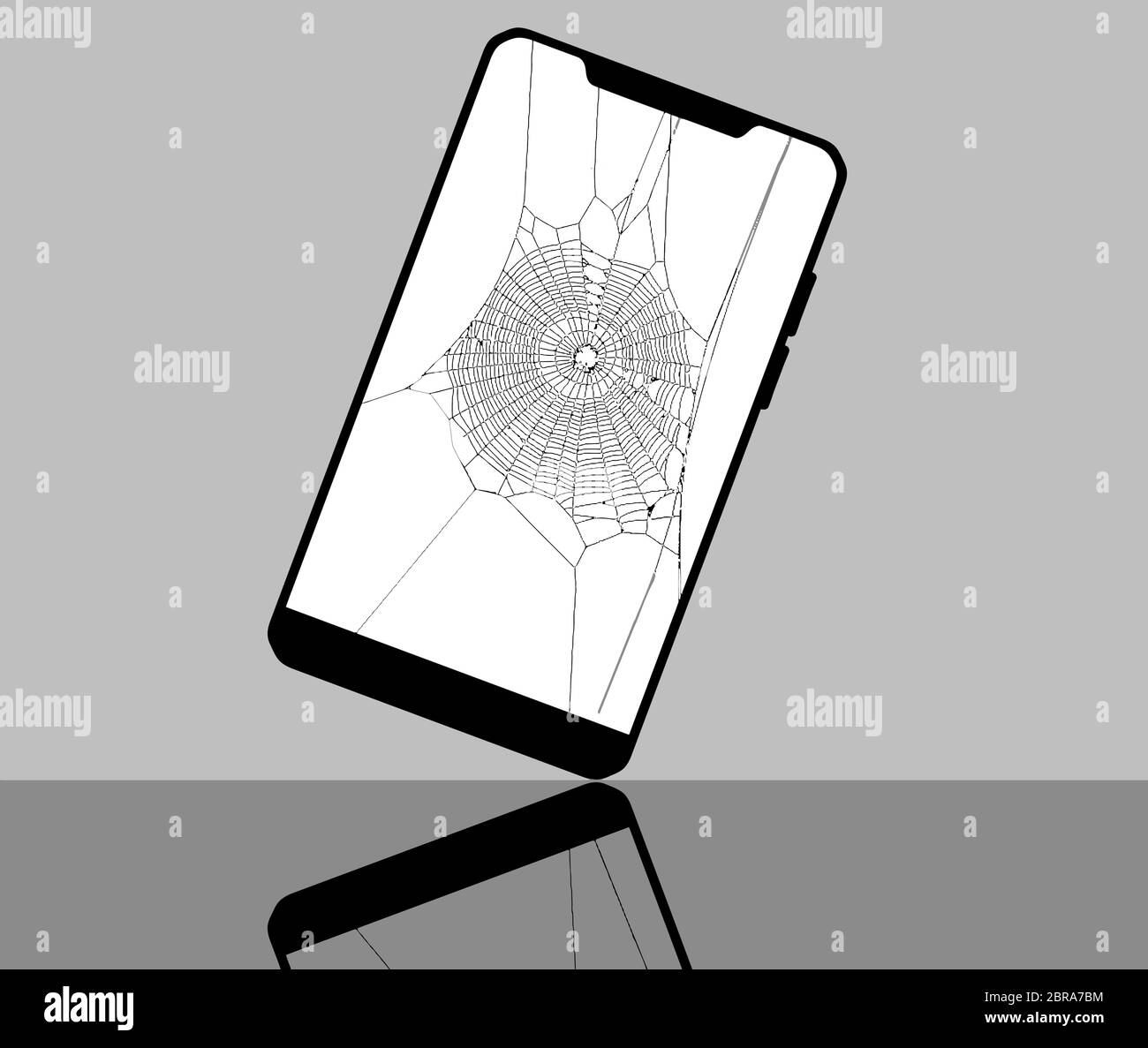 Une toile d'araignée est visible sur l'écran d'un téléphone cellulaire. Les écrans fissurés ressemblent à des toiles d'araignée. Les téléphones damés sont le thème. Illustration de Vecteur