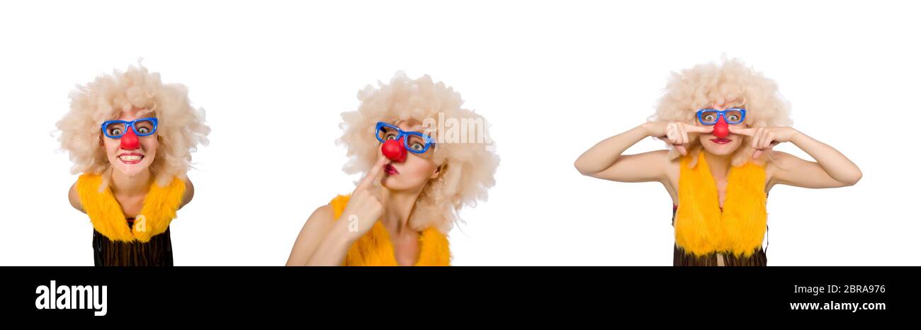 La drôle de clown femme isolée sur le blanc Banque D'Images
