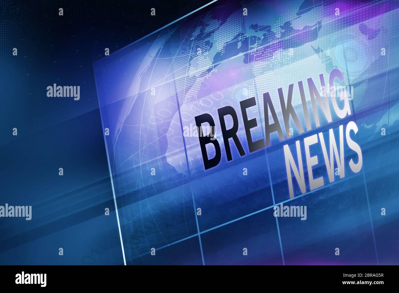 Earth Globe à l'intérieur d'un grand écran plat avec Breaking News Text, thème bleu et violet. Illustration 3d Banque D'Images