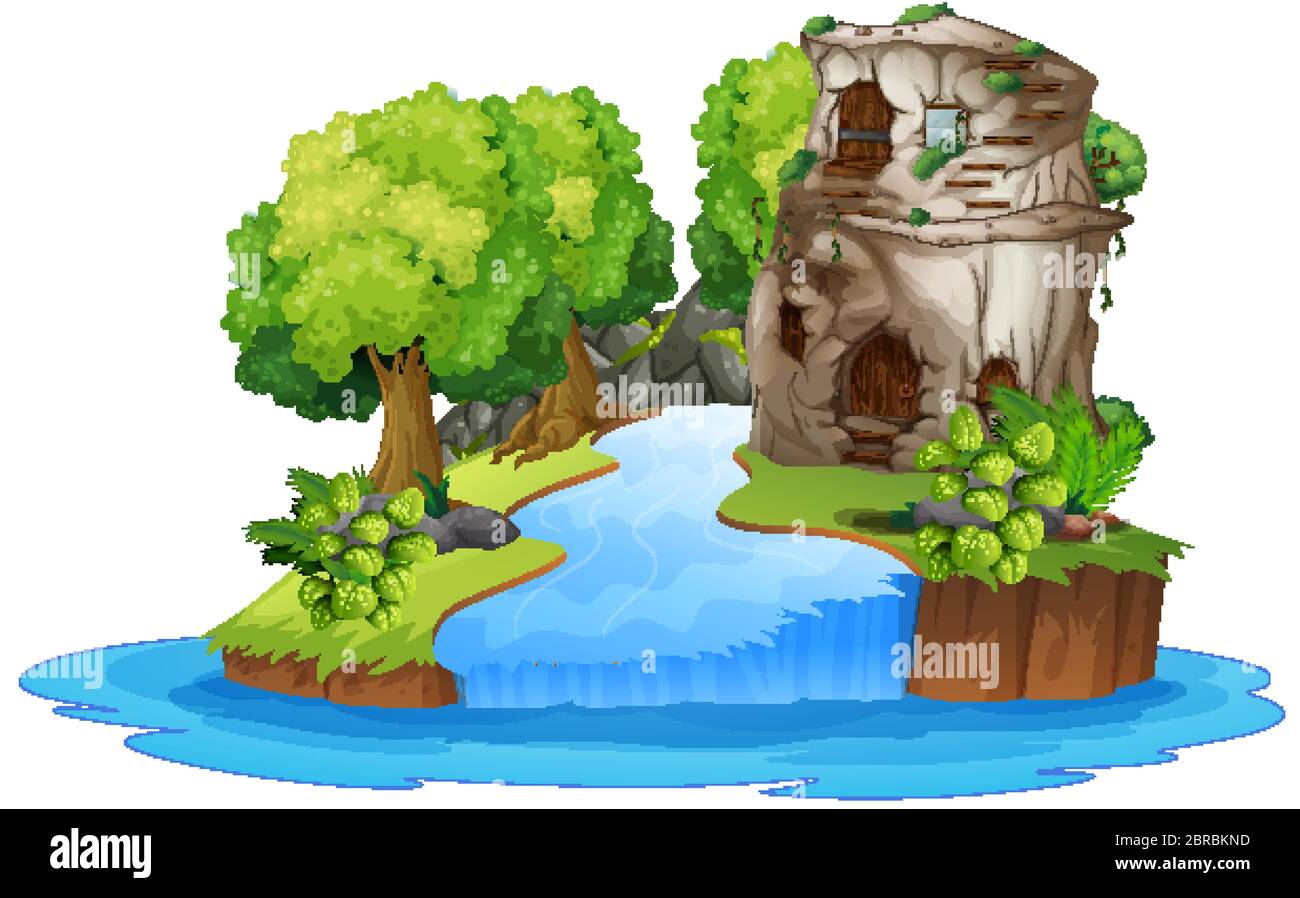 Maison en pierre à côté de l'illustration de la rivière Illustration de Vecteur