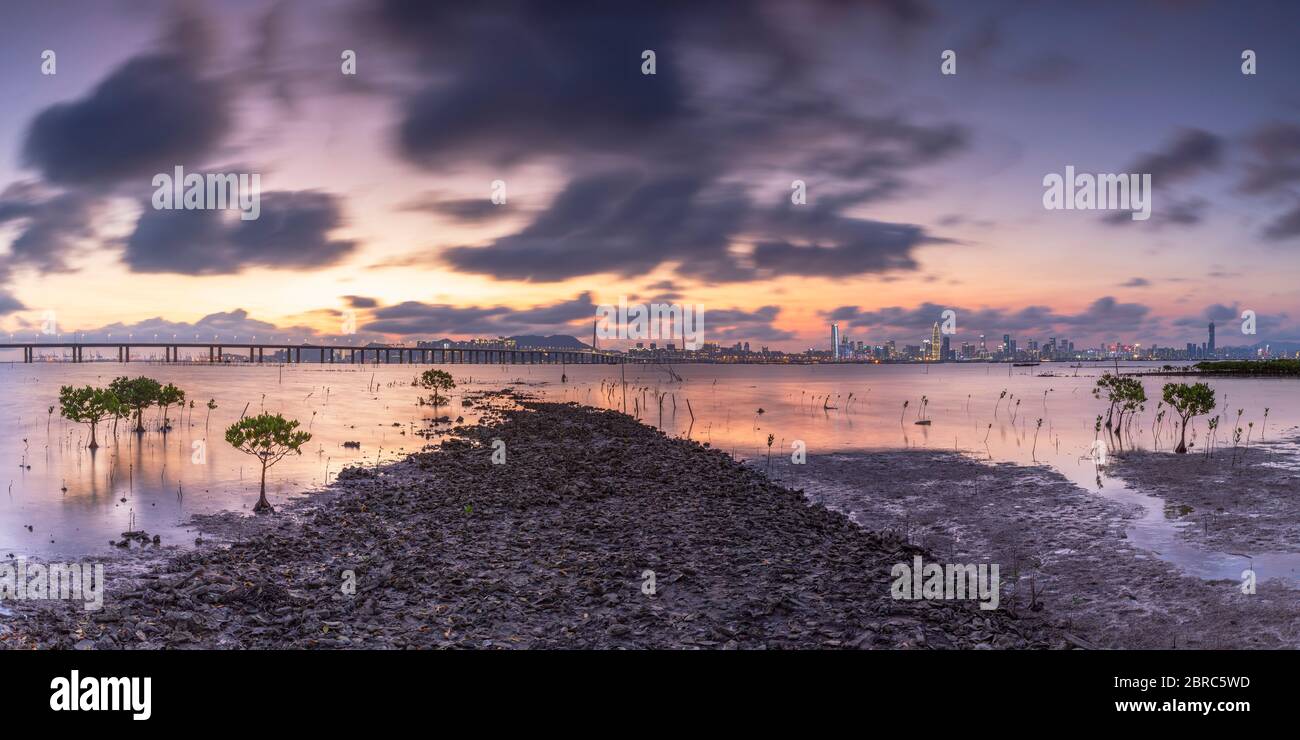 Vue sur Shekou, Shenzhen et pont de la baie de Shenzhen depuis Lau Fau Shan au coucher du soleil, Hong Kong Banque D'Images Vue sur Shekou, Shenzhen et pont de la baie de Shenzhen depuis Lau Fau Shan au coucher du soleil, Hong Kong Banque D'Images