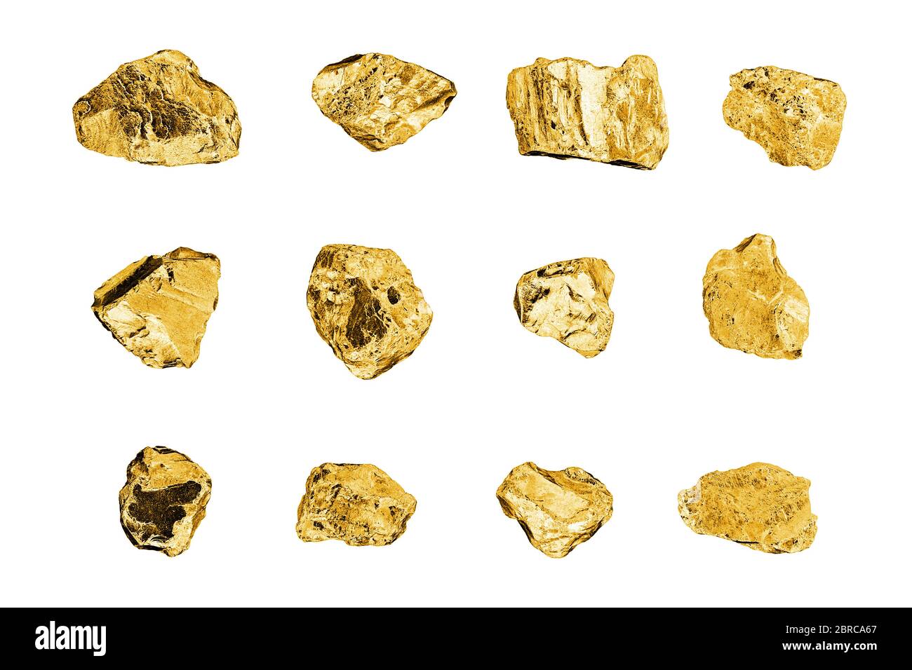 Pierres d'or sur fond blanc isolé de près, collection de nuggets d'or, texture d'échantillons de roches de métal jaune, mine d'or, minerai d'or, morceaux Banque D'Images