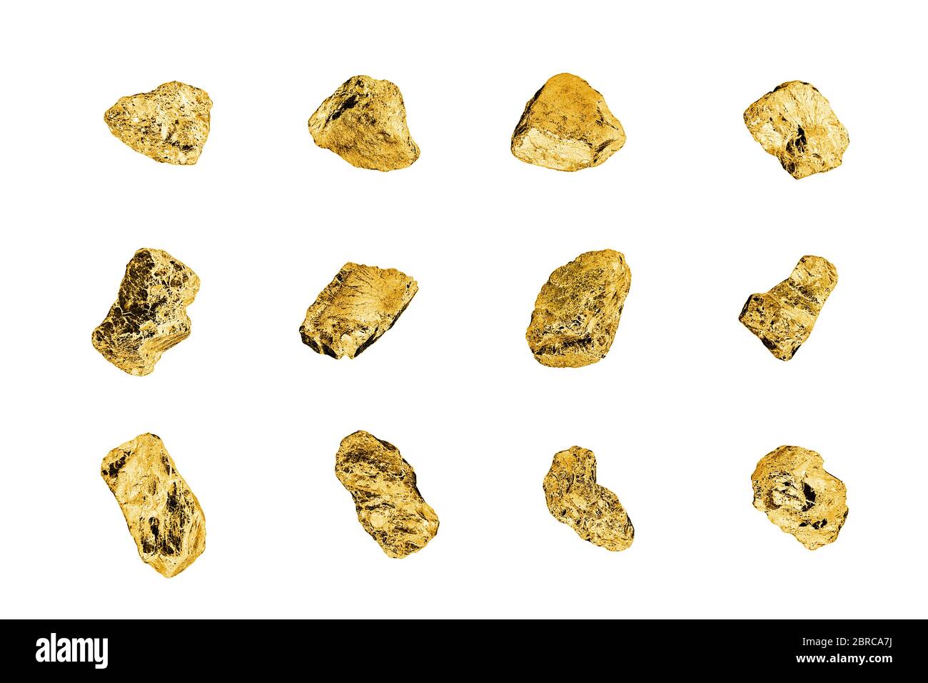 Pierres d'or sur fond blanc isolé de près, collection de nuggets d'or, texture d'échantillons de roches de métal jaune, mine d'or, minerai d'or, morceaux Banque D'Images