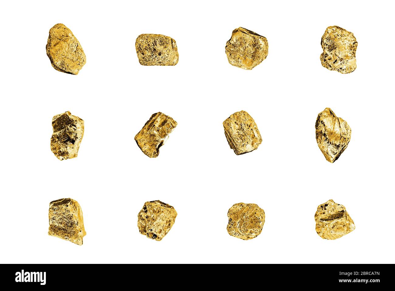Pierres d'or sur fond blanc isolé de près, collection de nuggets d'or, texture d'échantillons de roches de métal jaune, mine d'or, minerai d'or, morceaux Banque D'Images