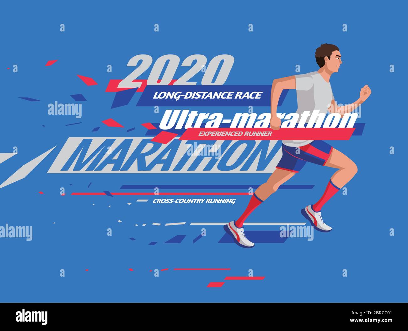 Bandeau de marathon à motif plat avec coureur énergique sur fond bleu Illustration de Vecteur
