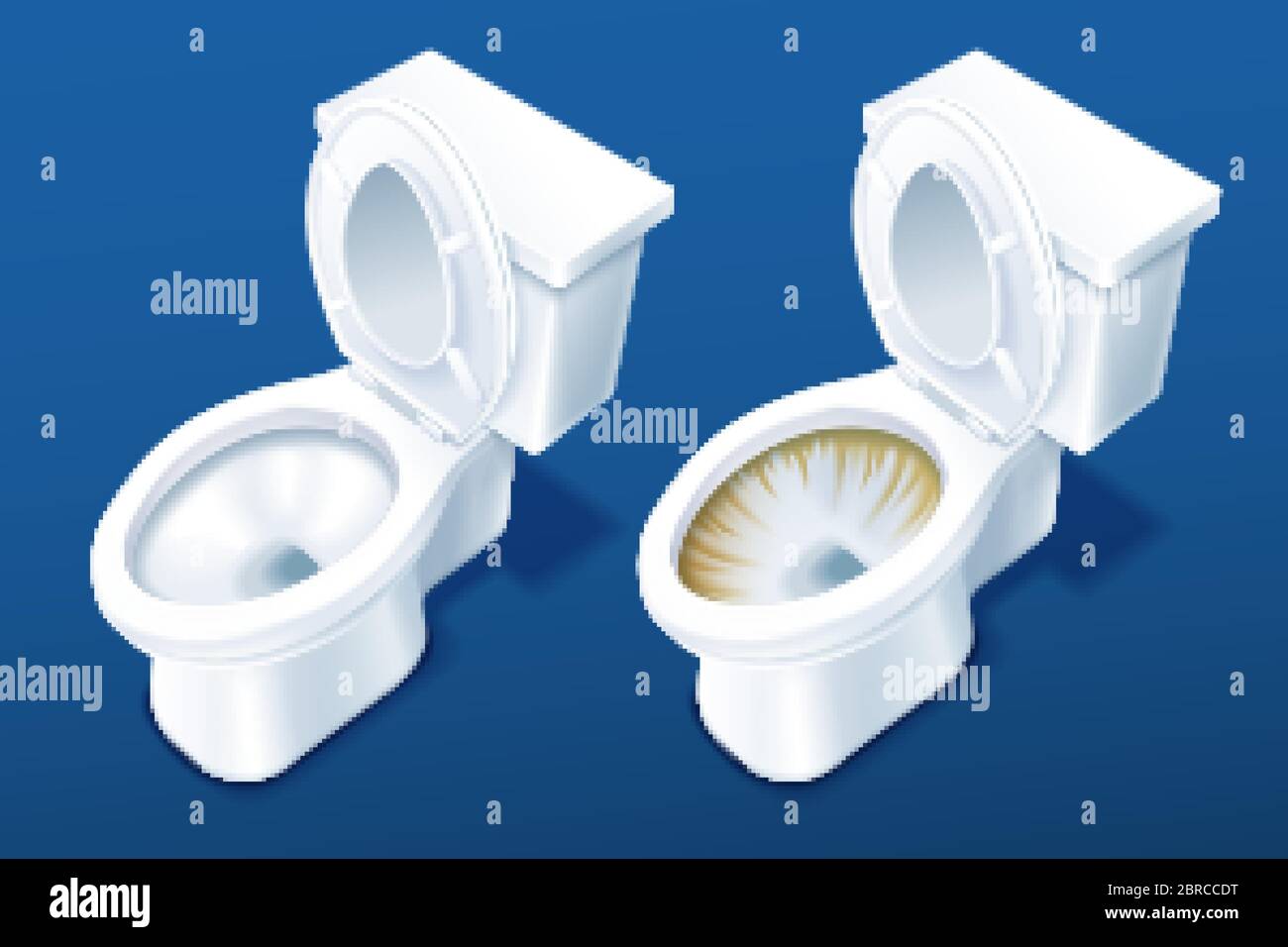 illustration 3d comparant deux cuvettes de toilettes sur fond bleu, avant et après l'application du détergent Illustration de Vecteur