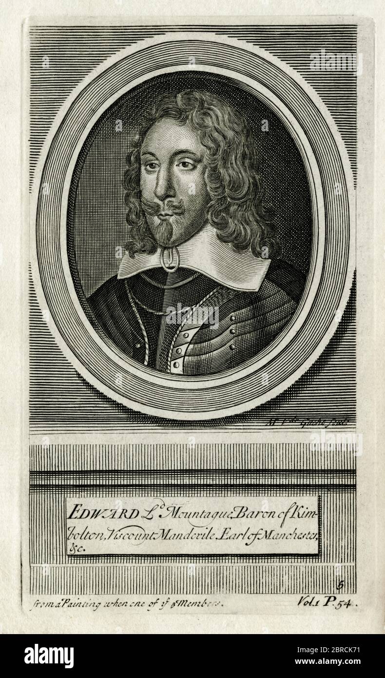 Edward Montagu (1602-1671), le baron Kimbolton et le comte de Manchester de 2nd, major-général de l'Armée de l'est du Parlement lors de la première Guerre civile anglaise et commandant suprême du Parlement à la bataille de Marston Moor de 1644. Gravure créée en 1700s par Michael Vandergucht (1660-1725). Banque D'Images