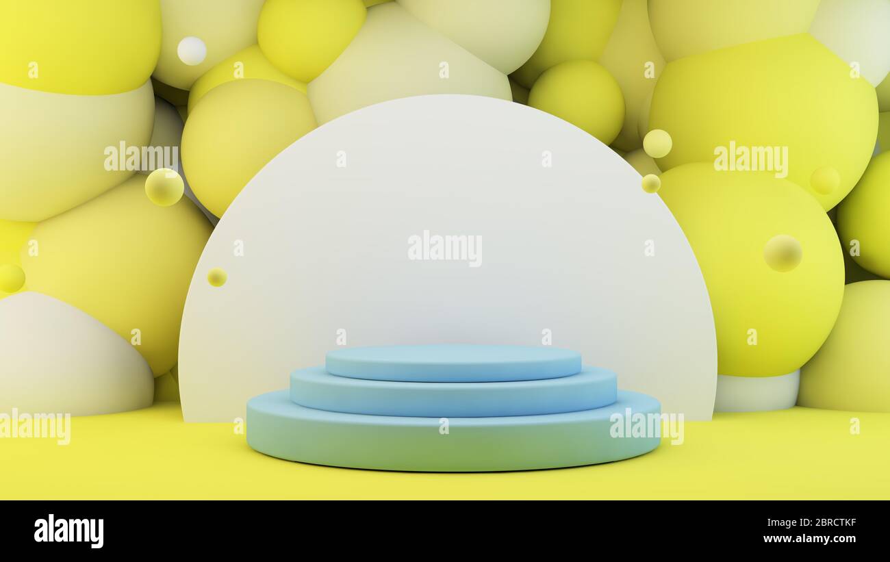 Plate-forme bleue pour la présentation des produits avec rendu 3d de fond de sphères jaunes Banque D'Images