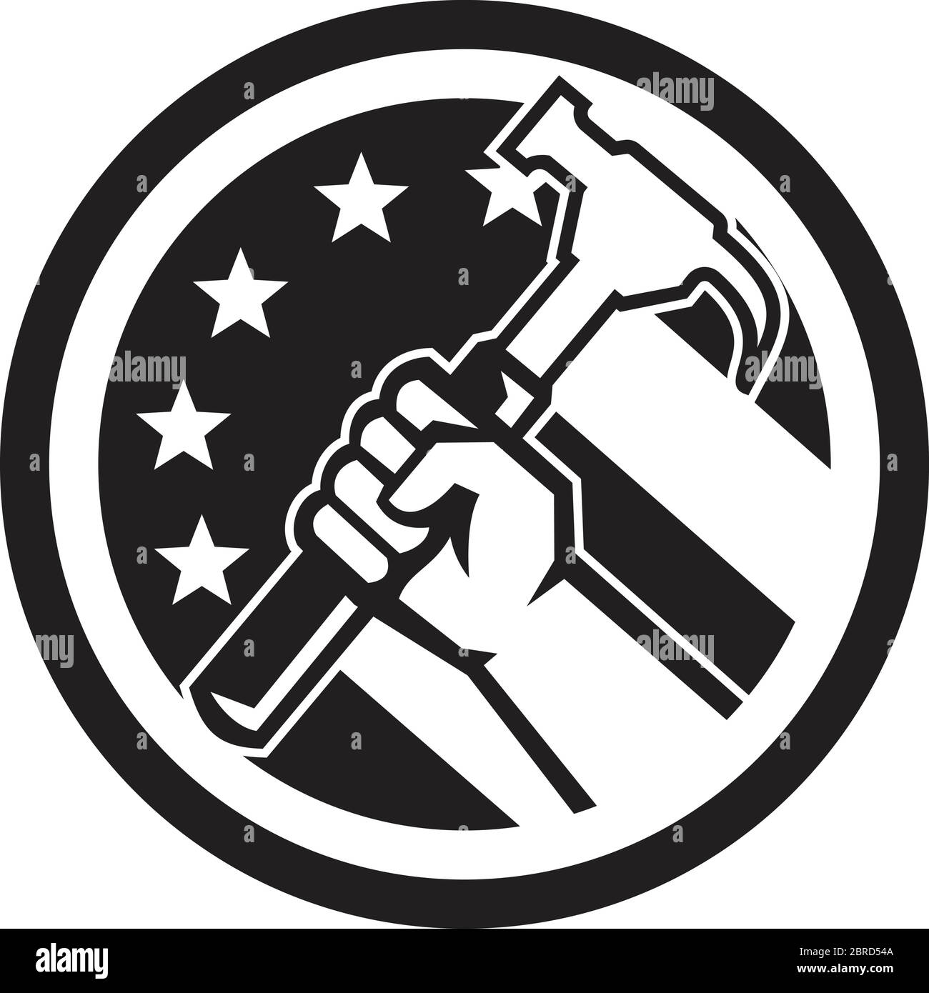 Noir et blanc Illustration d'un menuisier américain ou main de handyman tenant un marteau vu du côté mis à l'intérieur cercle avec les étoiles USA et stri Illustration de Vecteur