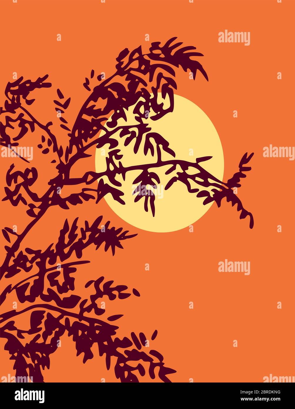 Illustration vectorielle simple d'un coucher de soleil orange et d'une silhouette d'arbre. Illustration de Vecteur