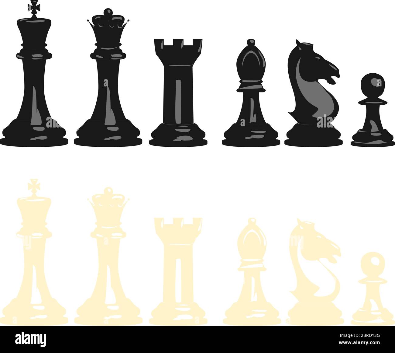 Ensemble d'illustrations vectorielles de pièces d'échecs, noirs et blancs, contient toutes les pièces: Roi, reine, tour, évêque, chevalier et pion. Illustration de Vecteur