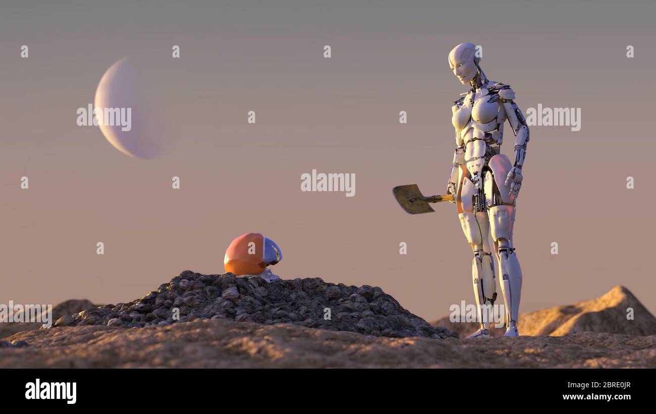 mission terminée, un robot se tient à la tombe de l'homme Banque D'Images
