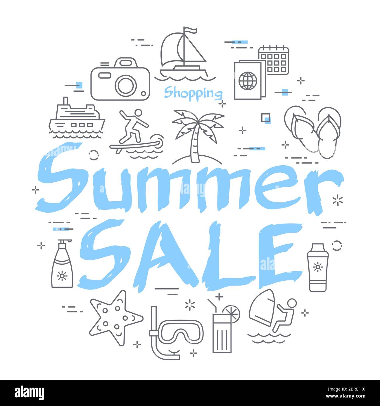 Texte bleu solde d'été avec icônes linéaires de l'heure d'été Illustration de Vecteur