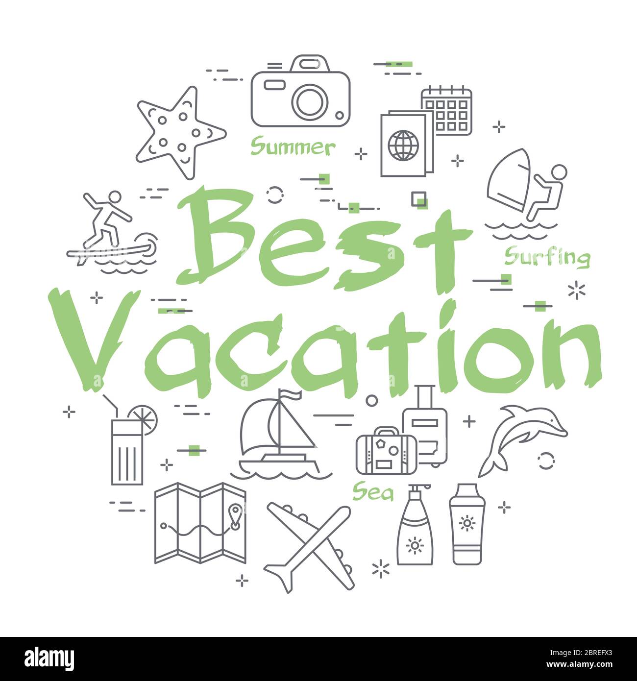 Texte vert meilleures vacances avec icônes linéaires de l'heure d'été Illustration de Vecteur