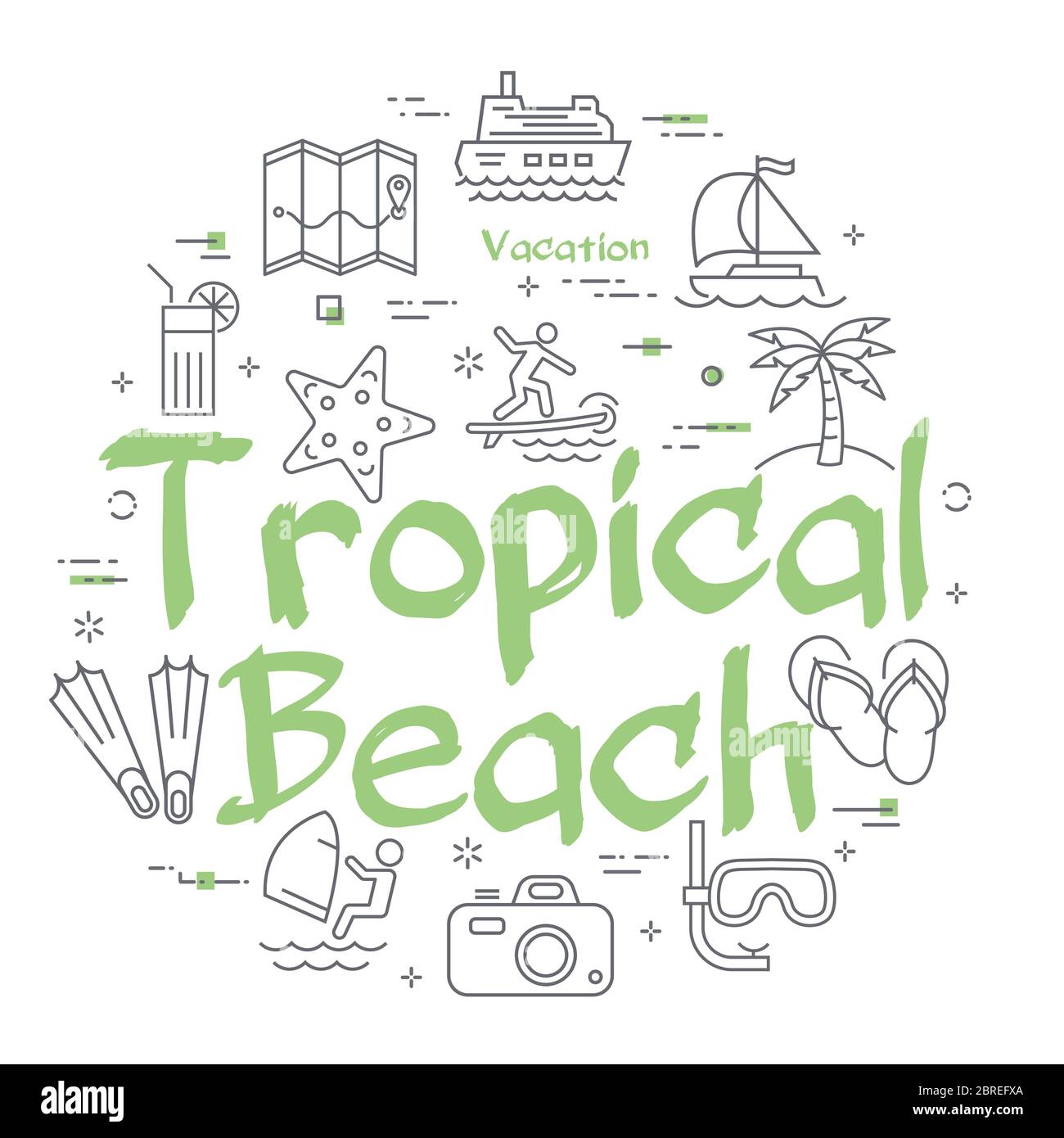 Texte vert Tropical Beach avec icônes linéaires de l'heure d'été Illustration de Vecteur